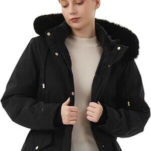 NWT Moerdeng Women's Long Fleece Lined Parka Puffer Coat Faux Fur Hood Sz L
